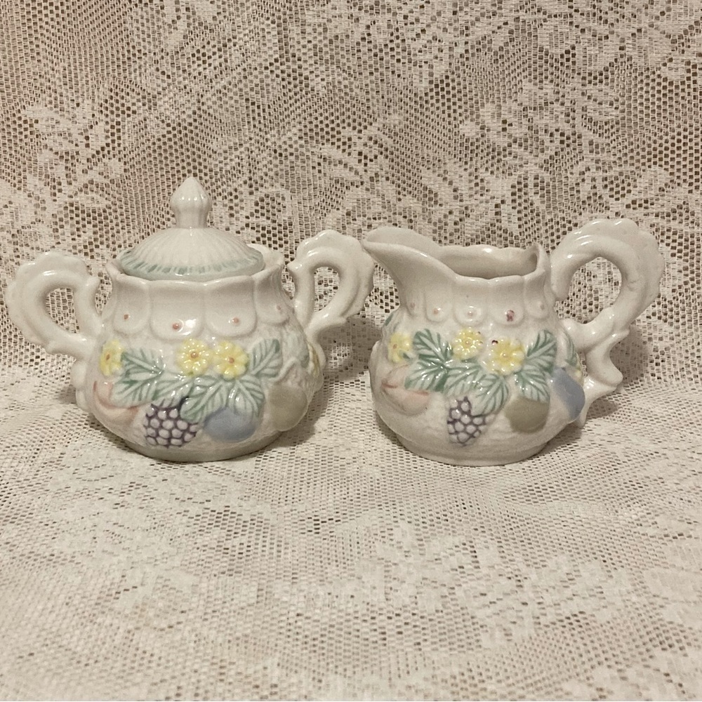 Vintage Porcelain Sugar and Creamer Set with Fruit and Flower Motif
